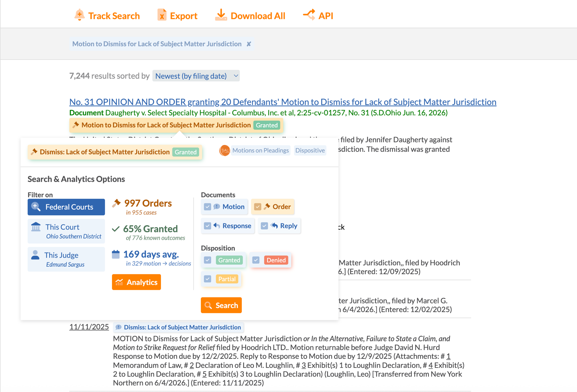 Searching for example motions to dismiss, with a popup showing grant rate, average time to decision, and filters for court, judge, party, and disposition